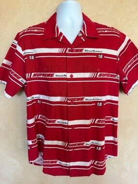 Supreme Red and White Logo Stripe Short-Sleeve Button Down Shirt